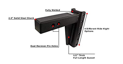 BulletProof Hitches 2.5" Adjustable Heavy Duty (22,000lb Rating) 6" Drop/Rise Trailer Hitch with 2" and 2 5/16" Dual Ball (Black Textured Powder Coat, Solid Steel)