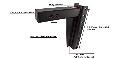 BulletProof Hitches 2.5" Adjustable Heavy Duty (22,000lb Rating) 10" Drop/Rise Trailer Hitch with 2" and 2 5/16" Dual Ball (Black Textured Powder Coat, Solid Steel)