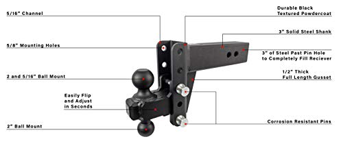 BulletProof Hitches 3.0" Adjustable Heavy Duty (22,000lb Rating) 4" Drop/Rise Trailer Hitch with 2" and 2 5/16" Dual Ball (Black Textured Powder Coat, Solid Steel)