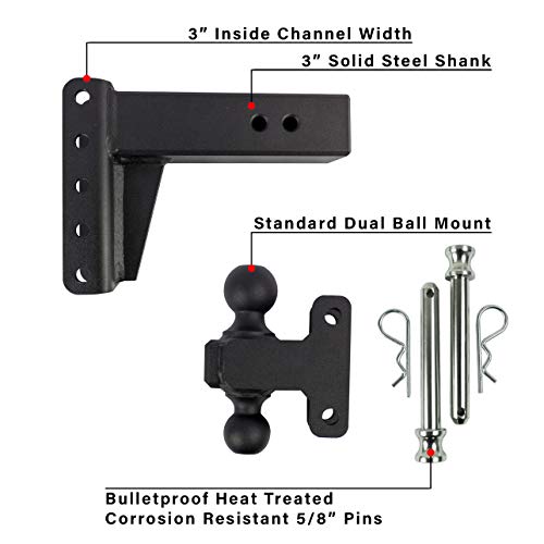 BulletProof Hitches 3.0" Adjustable Extreme Duty (36,000lb Rating) 4" Drop/Rise Trailer Hitch with 2" and 2 5/16" Dual Ball (Black Textured Powder Coat, Solid Steel)