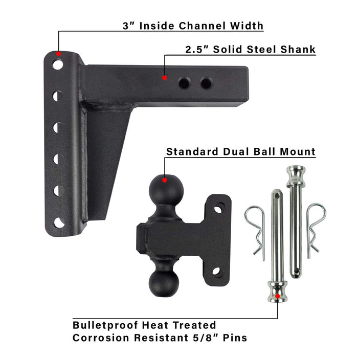 BulletProof Hitches 2.5" Adjustable Heavy Duty (22,000lb Rating) 16" Drop/Rise Trailer Hitch with 2" and 2 5/16" Dual Ball (Black Textured Powder Coat, Solid Steel)