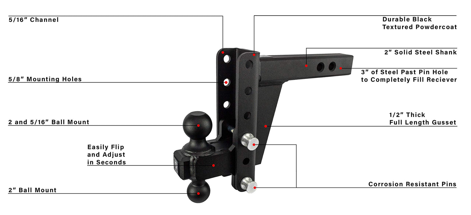 BulletProof Hitches 2.0" Adjustable Heavy Duty (22,000lb Rating) 6" Drop/Rise Trailer Hitch with 2" and 2 5/16" Dual Ball (Black Textured Powder Coat, Solid Steel)
