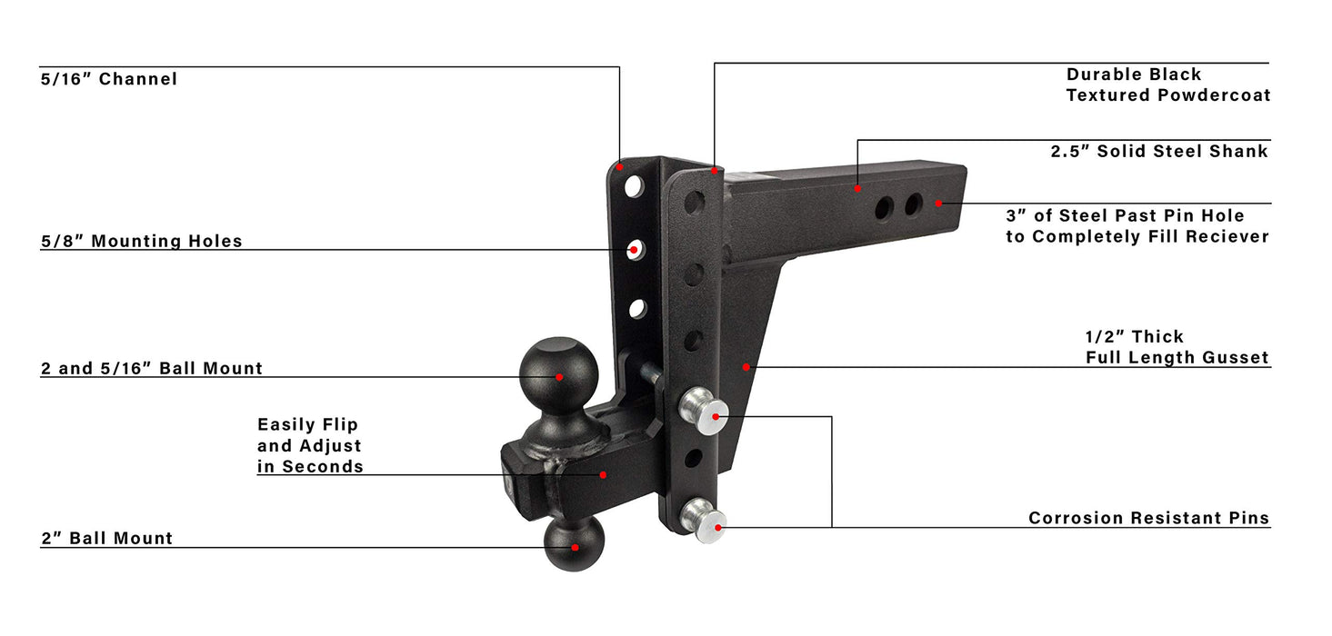 BulletProof Hitches 2.5" Adjustable Heavy Duty (22,000lb Rating) 12" Drop/Rise Trailer Hitch with 2" and 2 5/16" Dual Ball (Black Textured Powder Coat, Solid Steel)