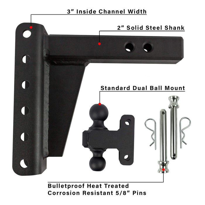 BulletProof Hitches 2.0" Adjustable Heavy Duty (22,000lb Rating) 16" Drop/Rise Trailer Hitch with 2" and 2 5/16" Dual Ball (Black Textured Powder Coat, Solid Steel)